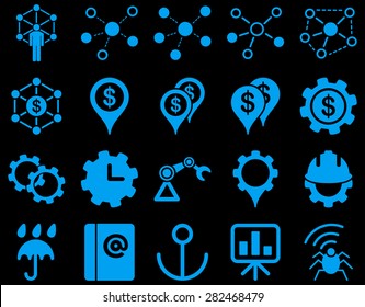 Business links and industry icon set. These flat symbols use blue color. Vector images are isolated on a black background. Angles are rounded.