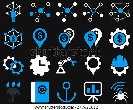 Business links and industry icon set. These flat bicolor symbols use  light blue and white colors. Vector images are isolated on a black background. Angles are rounded.