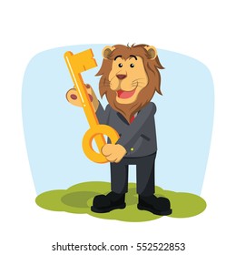 business lion carrying giant keys