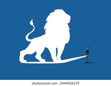Business lion concept with businessman and flashlight. Symbol of ambition, motivation and inspiration. Modern vector illustration in flat style