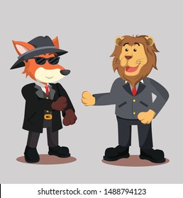 business lion and business fox shake hands