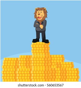 business lion on top of stack of coin