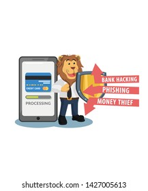 business lion showing mobile payment method