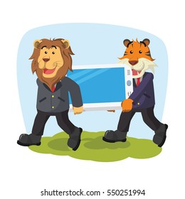business lion and business tiger carrying giant phone