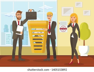 Business Liquidation Flat Vector Illustration. Businessmen and Cheerful Inspector Cartoon Characters. Entrepreneurs Putting Briefcases in Basket, Bankruptcy Metaphor. Forceful Company Closure