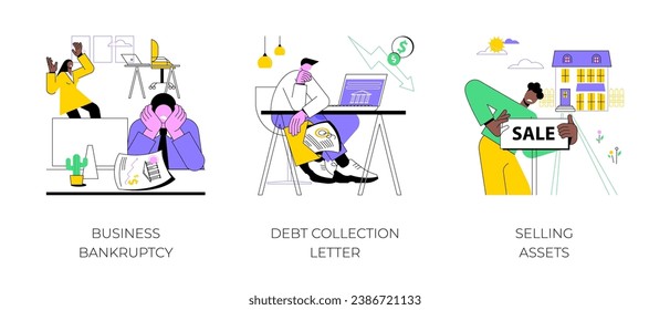 Business liquidation isolated cartoon vector illustrations set. Disappointed business owner sad about company bankruptcy, upset man holds debt collection letter, selling assets vector cartoon.