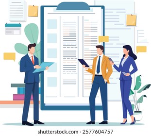 Business List Illustration, business people working around a clipboard with a document with a list of completed tasks.