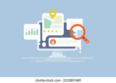 Business listing on search engine, Concept of local SEO marketing, People rating local business - flat design vector illustration background with icons