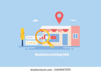 Business listing on search engine, Local business SEO, Business location search result, Business reviews and rating on search engine - vector illustration banner with icons
