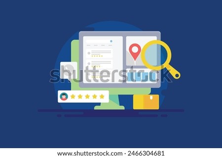 Business listing on search engine result page, Customer review for search business listing, Business listing location on maps with contact, Local SEO analysis - vector illustration with icons