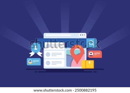 Business listing on search engine, Search engine result page displaying business location, SEO listing, Business reviews - vector illustration background with icons