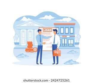 Business loan concept. Businessman borrowing or owing money in the bank to improve his business. flat vector modern illustration 