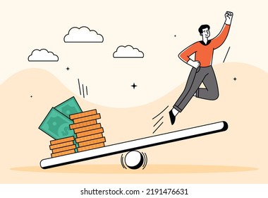 Business loan concept. Man bounces on swing with amount of money. Financial literacy, income and investment. Partnership and collaboration, company development. Cartoon flat vector illustration