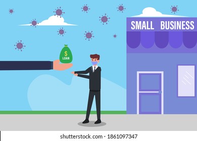 Business Loan Vector Concept: Businessman Wearing Face Mask Receiving Money Bag With Loan Text For Small Business During Coronavirus Pandemic