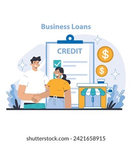 Business Loans Concept. Empowering entrepreneurs with financial support for growth. Streamlined credit approval for business ventures. Flat vector illustration.