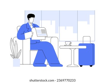 Business lobby abstract concept vector illustration. Businessman reading a newspaper in the lobby, international working travel, hotel service, accommodation facility abstract metaphor.