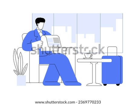 Business lobby abstract concept vector illustration. Businessman reading a newspaper in the lobby, international working travel, hotel service, accommodation facility abstract metaphor.