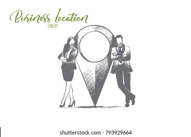 Business location concept. Hand drawn man and woman near location point. Marker of place isolated vector illustration.