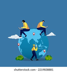 Business location concept,position display concept, Work from anywhere around the world, businessman sitting on world map working on computer online.