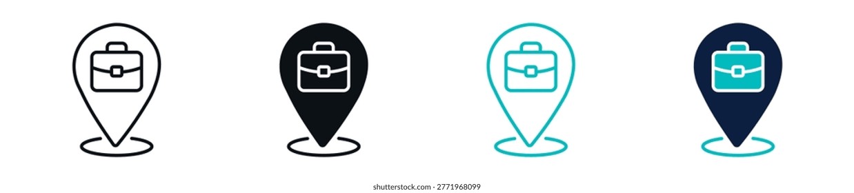  Business location icons, map pin with briefcase, office location and corporate place concept in line and solid style, vector illustration