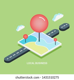 Business, Location, Map, Pin - 3D, Isometric, vector conceptual banner isolated on green background