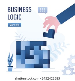 Business logic, concept. Entrepreneur collects a complex puzzle from different cubes. New project management. Confident manager successfully solves business problems. Hand give last cube. Flat vector