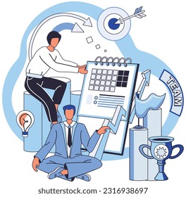 Geschäftslogik, Konzept. Unternehmer lösen Problem, komplexe Aufgabe mit verschiedenen Dokumenten und Daten. Neues Projektmanagement. Gruppe von zuversichtlichen Managern löst erfolgreich Geschäftsprobleme