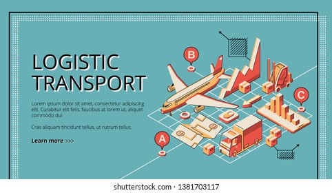 Business logistic transport isometric vector web banner, landing page. Cargo plane, truck transporting goods, forklift loading box, map with destination, infographics on smartphone screen illustration