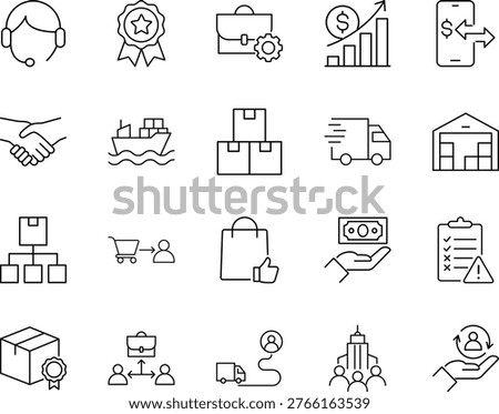 Business logistics delivery service vector icon set, headset, handshake, delivery, warehouse, money, briefcase, boxes, shopping