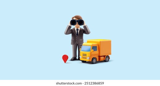Business logistics, delivery, and tracking of goods. 3D truck, businessman looking through binoculars, location icon. The concept of remote tracking of goods and business optimization. Vector
