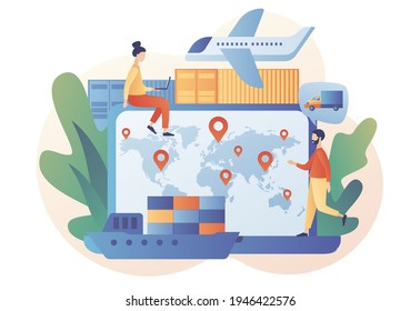 Business logistics. Global logistics network. Export, import, warehouse business, transportation. Tiny people tracks orders online. On-time delivery. Modern flat cartoon style. Vector illustration