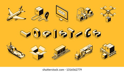 Business logistics line art, isometric vector banner. Retail company distribution, delivery or postal service technologies, commercial freights transportation concept. Cargo shipping icons collection