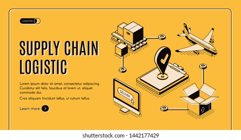 Business logistics service, commercial goods delivery company isometric vector web banner, landing page template with supply chain elements, transport, tools and equipment line art illustrations