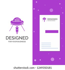 Business Logo for alien, space, ufo, spaceship, mars. Vertical Purple Business / Visiting Card template. Creative background vector illustration