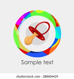 Business logo for babies. Multicolored circle and red pacifier in a center.