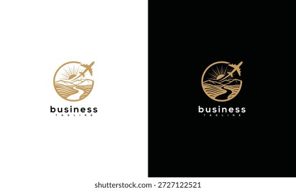 Business logo design concept featuring a stylized airplane and wave emblem on contrasting white and black backgrounds