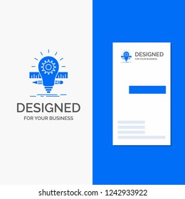 Business Logo for Development, idea, bulb, pencil, scale. Vertical Blue Business / Visiting Card template.