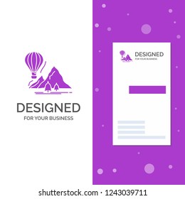 Business Logo for explore, travel, mountains, camping, balloons. Vertical Purple Business / Visiting Card template. Creative background vector illustration