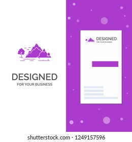 Business Logo for hill, landscape, nature, mountain, tree. Vertical Purple Business / Visiting Card template. Creative background vector illustration