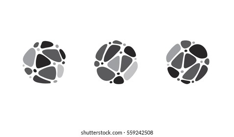 Business logo idea made of linked pebbles in a circle. Irregular shapes arranged in a pattern. Gray black and white icon set for logo or buttons.