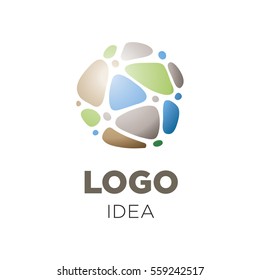Business logo idea made of linked stones in a circle. Irregular shapes arranged in a pattern. Neutral colors with blue and green.