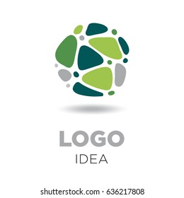 Business logo idea made of linked pebbles in a circle. Irregular shapes arranged in a pattern. Black orange blue and gray vector icon or symbol.