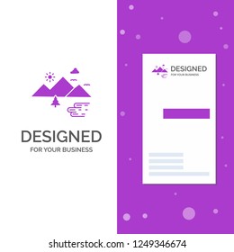 Business Logo for Mountains, Nature, Outdoor, Clouds, Sun. Vertical Purple Business / Visiting Card template. Creative background vector illustration