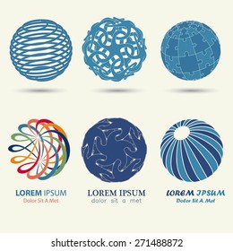 business logo set, blue sphere, swirl symbol, spiral ball template - vector illustration