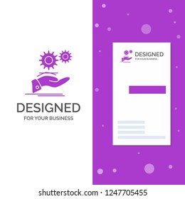 Business Logo for solution, hand, idea, gear, services. Vertical Purple Business / Visiting Card template. Creative background vector illustration