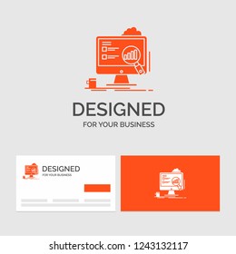 Business logo template for analytics, board, presentation, laptop, statistics. Orange Visiting Cards with Brand logo template.