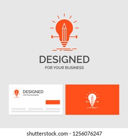 Business logo template for bulb, creative, solution, light, pencil. Orange Visiting Cards with Brand logo template.