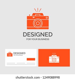 Business logo template for Camera, photography, capture, photo, aperture. Orange Visiting Cards with Brand logo template.