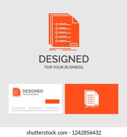 Business logo template for Check, filing, list, listing, registration. Orange Visiting Cards with Brand logo template.