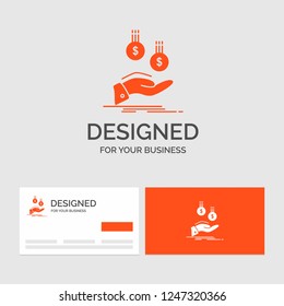 Business logo template for coins, hand, currency, payment, money. Orange Visiting Cards with Brand logo template.